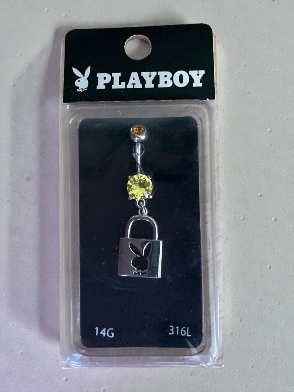 PLAYBOY Silver Padlock Belly Ring with Yellow Gem